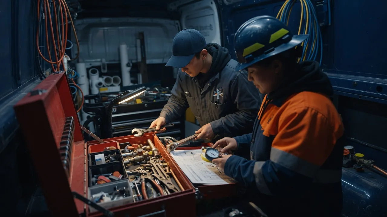 Two heating engineers reviewing a survey and pressure gauge in their van before a job