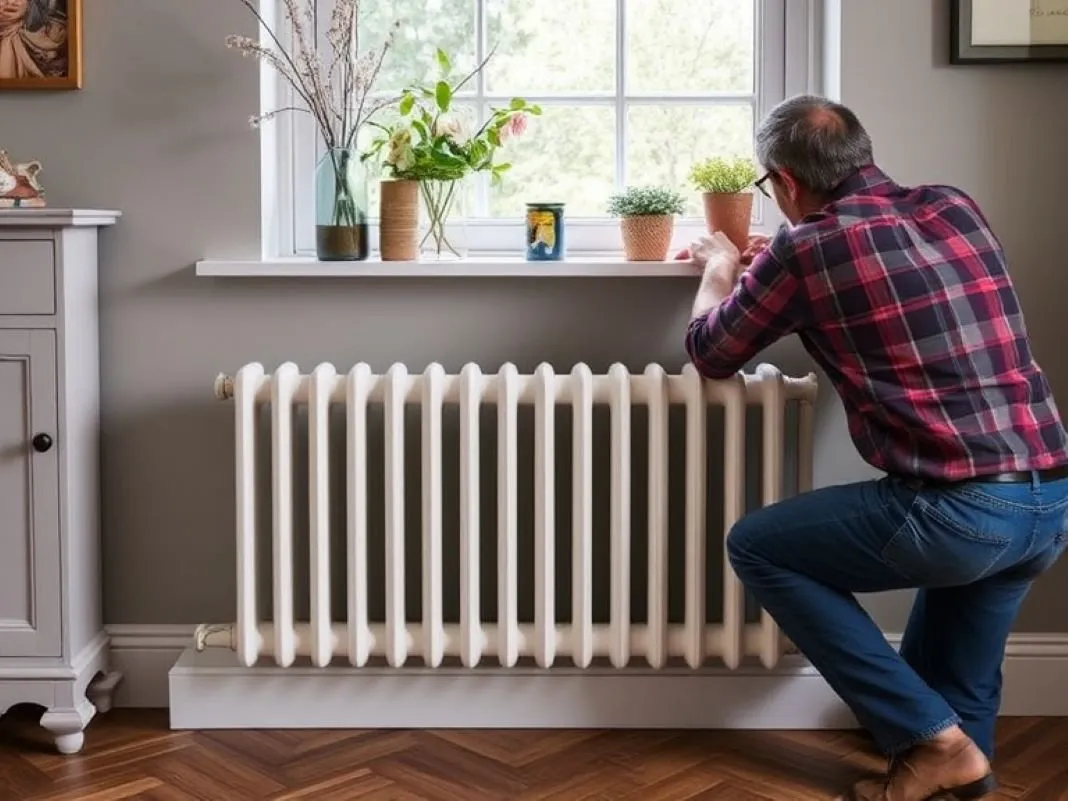 Heating engineer installing a radiator in a London home